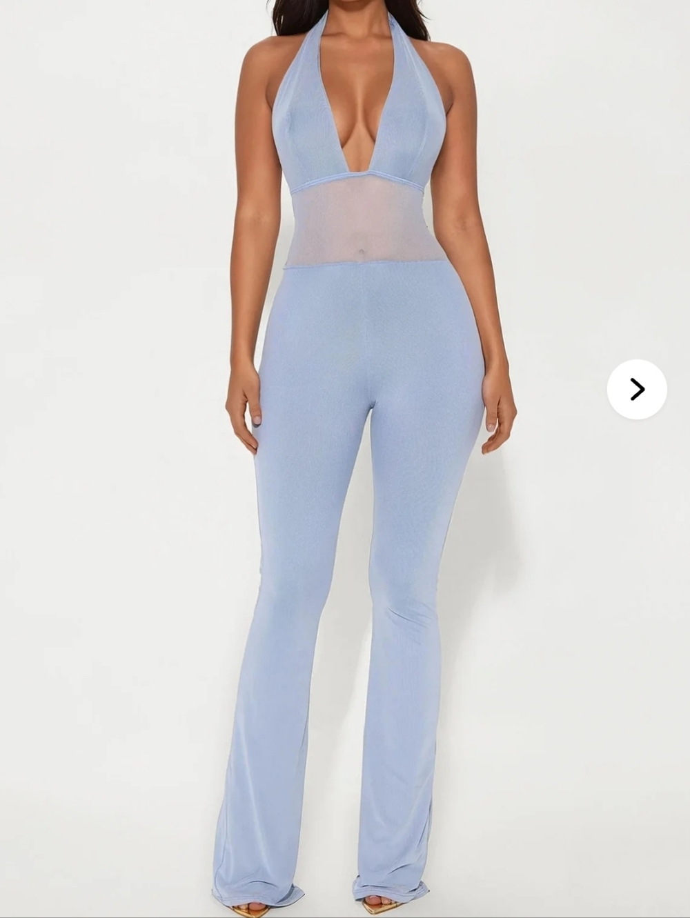 Fashion Nova Light Blue Halter Mesh Plunge Jumpsuit